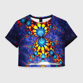 Женская футболка 3D укороченная с принтом Узорный фон в Тюмени, 100% полиэстер | круглая горловина, длина футболки до линии талии, рукава с отворотами | круги | разноцветный | фракталы | яркий