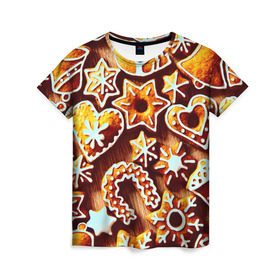 Женская футболка 3D с принтом Новогоднее печенье в Тюмени, 100% полиэфир ( синтетическое хлопкоподобное полотно) | прямой крой, круглый вырез горловины, длина до линии бедер | оранжевый | печенье | сладости | хлебные