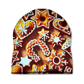 Шапка 3D с принтом Новогоднее печенье в Тюмени, 100% полиэстер | универсальный размер, печать по всей поверхности изделия | Тематика изображения на принте: оранжевый | печенье | сладости | хлебные