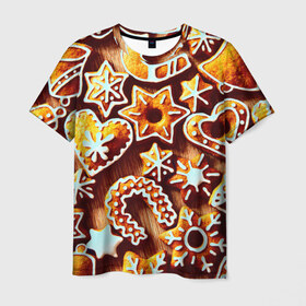 Мужская футболка 3D с принтом Новогоднее печенье в Тюмени, 100% полиэфир | прямой крой, круглый вырез горловины, длина до линии бедер | Тематика изображения на принте: оранжевый | печенье | сладости | хлебные
