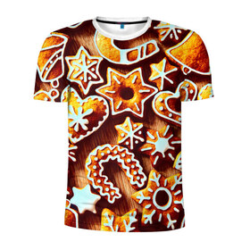 Мужская футболка 3D спортивная с принтом Новогоднее печенье в Тюмени, 100% полиэстер с улучшенными характеристиками | приталенный силуэт, круглая горловина, широкие плечи, сужается к линии бедра | Тематика изображения на принте: оранжевый | печенье | сладости | хлебные