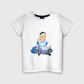 Детская футболка хлопок с принтом Алиса в стране чудес в Тюмени, 100% хлопок | круглый вырез горловины, полуприлегающий силуэт, длина до линии бедер | алиса | блондинка | в стране чудес | девочка | книга | мультик | сказка