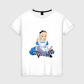 Женская футболка хлопок с принтом Алиса в стране чудес в Тюмени, 100% хлопок | прямой крой, круглый вырез горловины, длина до линии бедер, слегка спущенное плечо | алиса | блондинка | в стране чудес | девочка | книга | мультик | сказка