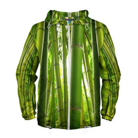Мужская ветровка 3D с принтом Бамбук в Тюмени, 100% полиэстер | подол и капюшон оформлены резинкой с фиксаторами, два кармана без застежек по бокам, один потайной карман на груди | бамбук | зеленая | растения