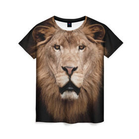 Женская футболка 3D с принтом Царь зверей в Тюмени, 100% полиэфир ( синтетическое хлопкоподобное полотно) | прямой крой, круглый вырез горловины, длина до линии бедер | власть | дикая кошка | животное | король джунглей | лев | львица | мощь | мудрость | охотник | сила | хитрость | хищник | царь зверей
