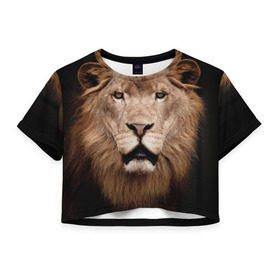 Женская футболка 3D укороченная с принтом Царь зверей в Тюмени, 100% полиэстер | круглая горловина, длина футболки до линии талии, рукава с отворотами | власть | дикая кошка | животное | король джунглей | лев | львица | мощь | мудрость | охотник | сила | хитрость | хищник | царь зверей