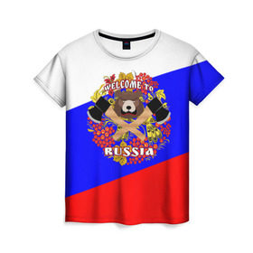 Женская футболка 3D с принтом Добро пожаловать в Россию в Тюмени, 100% полиэфир ( синтетическое хлопкоподобное полотно) | прямой крой, круглый вырез горловины, длина до линии бедер | russia | welcome | медведь | россия | хохлома