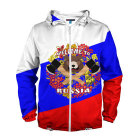 Мужская ветровка 3D с принтом Добро пожаловать в Россию в Тюмени, 100% полиэстер | подол и капюшон оформлены резинкой с фиксаторами, два кармана без застежек по бокам, один потайной карман на груди | russia | welcome | медведь | россия | хохлома
