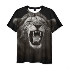 Мужская футболка 3D с принтом Разъярённый лев в Тюмени, 100% полиэфир | прямой крой, круглый вырез горловины, длина до линии бедер | власть | дикая кошка | животное | король джунглей | лев | львица | мощь | мудрость | охотник | сила | хитрость | хищник | царь зверей