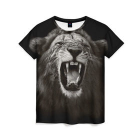 Женская футболка 3D с принтом Разъярённый лев в Тюмени, 100% полиэфир ( синтетическое хлопкоподобное полотно) | прямой крой, круглый вырез горловины, длина до линии бедер | власть | дикая кошка | животное | король джунглей | лев | львица | мощь | мудрость | охотник | сила | хитрость | хищник | царь зверей