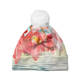Шапка 3D c помпоном с принтом Цветы над водой в Тюмени, 100% полиэстер | универсальный размер, печать по всей поверхности изделия | букет | вода | душистый аромат | озеро | приятный запах | пруд | растение | цветок | цветы