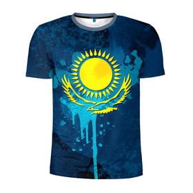 Мужская футболка 3D спортивная с принтом Казахстан в Тюмени, 100% полиэстер с улучшенными характеристиками | приталенный силуэт, круглая горловина, широкие плечи, сужается к линии бедра | Тематика изображения на принте: казах | казахский | казахстан | национальный | нация | республика | рк | флаг | флаги