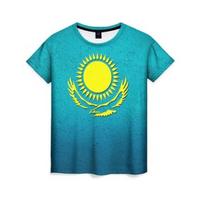 Женская футболка 3D с принтом Флаг Казахстана в Тюмени, 100% полиэфир ( синтетическое хлопкоподобное полотно) | прямой крой, круглый вырез горловины, длина до линии бедер | казах | казахский | казахстан | национальный | нация | республика | рк | флаг | флаги