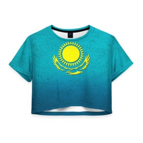 Женская футболка 3D укороченная с принтом Флаг Казахстана в Тюмени, 100% полиэстер | круглая горловина, длина футболки до линии талии, рукава с отворотами | казах | казахский | казахстан | национальный | нация | республика | рк | флаг | флаги