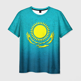 Мужская футболка 3D с принтом Флаг Казахстана в Тюмени, 100% полиэфир | прямой крой, круглый вырез горловины, длина до линии бедер | казах | казахский | казахстан | национальный | нация | республика | рк | флаг | флаги