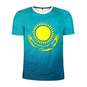 Мужская футболка 3D спортивная с принтом Флаг Казахстана в Тюмени, 100% полиэстер с улучшенными характеристиками | приталенный силуэт, круглая горловина, широкие плечи, сужается к линии бедра | Тематика изображения на принте: казах | казахский | казахстан | национальный | нация | республика | рк | флаг | флаги