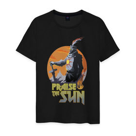 Мужская футболка хлопок с принтом Dark Souls в Тюмени, 100% хлопок | прямой крой, круглый вырез горловины, длина до линии бедер, слегка спущенное плечо. | dark souls | praise the sun