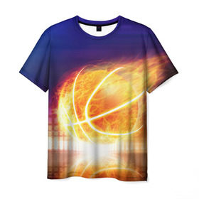 Мужская футболка 3D с принтом Огненный мяч в Тюмени, 100% полиэфир | прямой крой, круглый вырез горловины, длина до линии бедер | streetball | баскетбол | взрыв | искры | любимая игра | моя жизнь | мяч | огонь | пламя | развлечение | страсть | тренировка | увлечение | хобби