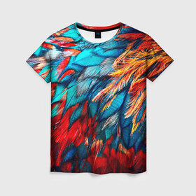 Женская футболка 3D с принтом Перья в Тюмени, 100% полиэфир ( синтетическое хлопкоподобное полотно) | прямой крой, круглый вырез горловины, длина до линии бедер | Тематика изображения на принте: красный | текстура | цветной | яркий