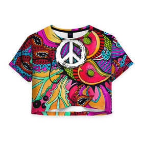 Женская футболка 3D укороченная с принтом Хиппи 2 в Тюмени, 100% полиэстер | круглая горловина, длина футболки до линии талии, рукава с отворотами | hippie | peace | пацифик | хиппи