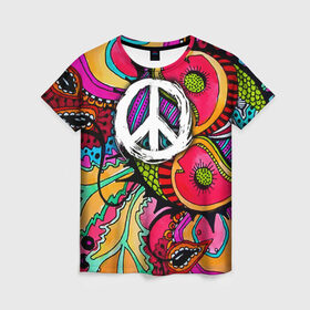 Женская футболка 3D с принтом Хиппи 2 в Тюмени, 100% полиэфир ( синтетическое хлопкоподобное полотно) | прямой крой, круглый вырез горловины, длина до линии бедер | hippie | peace | пацифик | хиппи