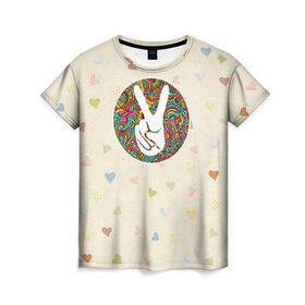 Женская футболка 3D с принтом Хиппи 6 в Тюмени, 100% полиэфир ( синтетическое хлопкоподобное полотно) | прямой крой, круглый вырез горловины, длина до линии бедер | Тематика изображения на принте: hippie | peace | пацифик | хиппи