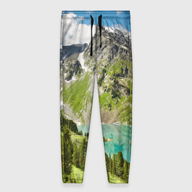 Женские брюки 3D с принтом Озеро в горах в Тюмени, полиэстер 100% | прямой крой, два кармана без застежек по бокам, с мягкой трикотажной резинкой на поясе и по низу штанин. В поясе для дополнительного комфорта — широкие завязки | пейзаж | яркий