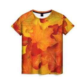 Женская футболка 3D с принтом Кленовые листья в Тюмени, 100% полиэфир ( синтетическое хлопкоподобное полотно) | прямой крой, круглый вырез горловины, длина до линии бедер | Тематика изображения на принте: дары осени | жёлтый | золотой | клён | краски | красный | красота | листва | листья | наряд | оранжевый | осень | покров | природа