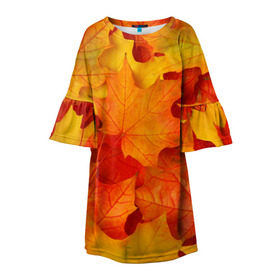 Детское платье 3D с принтом Кленовые листья в Тюмени, 100% полиэстер | прямой силуэт, чуть расширенный к низу. Круглая горловина, на рукавах — воланы | дары осени | жёлтый | золотой | клён | краски | красный | красота | листва | листья | наряд | оранжевый | осень | покров | природа