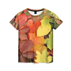Женская футболка 3D с принтом Осенние листья в Тюмени, 100% полиэфир ( синтетическое хлопкоподобное полотно) | прямой крой, круглый вырез горловины, длина до линии бедер | жёлтый | красный | листва | оранжевый | осень