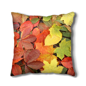 Подушка 3D с принтом Осенние листья в Тюмени, наволочка – 100% полиэстер, наполнитель – холлофайбер (легкий наполнитель, не вызывает аллергию). | состоит из подушки и наволочки. Наволочка на молнии, легко снимается для стирки | жёлтый | красный | листва | оранжевый | осень