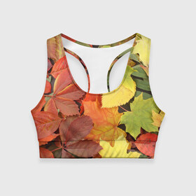 Женский спортивный топ 3D с принтом Осенние листья в Тюмени, 82% полиэстер, 18% спандекс Ткань безопасна для здоровья, позволяет коже дышать, не мнется и не растягивается |  | жёлтый | красный | листва | оранжевый | осень