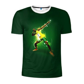 Мужская футболка 3D спортивная с принтом Usain Bolt в Тюмени, 100% полиэстер с улучшенными характеристиками | приталенный силуэт, круглая горловина, широкие плечи, сужается к линии бедра | атлетика | без | болт | легкая | спорт | усейн