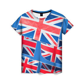 Женская футболка 3D с принтом Британские флаги в Тюмени, 100% полиэфир ( синтетическое хлопкоподобное полотно) | прямой крой, круглый вырез горловины, длина до линии бедер | англия | британия | великобритания