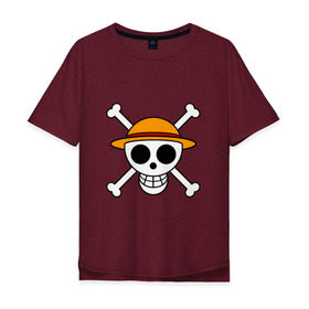 Мужская футболка хлопок Oversize с принтом Весёлый Роджер Мугивар в Тюмени, 100% хлопок | свободный крой, круглый ворот, “спинка” длиннее передней части | аниме | большой куш | ван пис | кости | луффи | мугивара | пираты | соломенная | череп | шляпа