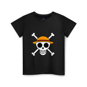 Детская футболка хлопок с принтом Весёлый Роджер Мугивар в Тюмени, 100% хлопок | круглый вырез горловины, полуприлегающий силуэт, длина до линии бедер | Тематика изображения на принте: аниме | большой куш | ван пис | кости | луффи | мугивара | пираты | соломенная | череп | шляпа