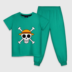 Детская пижама хлопок с принтом Весёлый Роджер Мугивар в Тюмени, 100% хлопок |  брюки и футболка прямого кроя, без карманов, на брюках мягкая резинка на поясе и по низу штанин
 | аниме | большой куш | ван пис | кости | луффи | мугивара | пираты | соломенная | череп | шляпа
