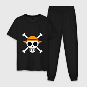 Мужская пижама хлопок с принтом Весёлый Роджер Мугивар в Тюмени, 100% хлопок | брюки и футболка прямого кроя, без карманов, на брюках мягкая резинка на поясе и по низу штанин
 | аниме | большой куш | ван пис | кости | луффи | мугивара | пираты | соломенная | череп | шляпа