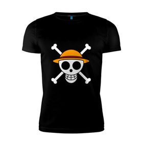 Мужская футболка премиум с принтом Весёлый Роджер Мугивар в Тюмени, 92% хлопок, 8% лайкра | приталенный силуэт, круглый вырез ворота, длина до линии бедра, короткий рукав | аниме | большой куш | ван пис | кости | луффи | мугивара | пираты | соломенная | череп | шляпа