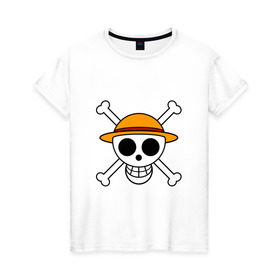 Женская футболка хлопок с принтом Весёлый Роджер Мугивар в Тюмени, 100% хлопок | прямой крой, круглый вырез горловины, длина до линии бедер, слегка спущенное плечо | Тематика изображения на принте: аниме | большой куш | ван пис | кости | луффи | мугивара | пираты | соломенная | череп | шляпа