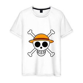 Мужская футболка хлопок с принтом Весёлый Роджер Мугивар в Тюмени, 100% хлопок | прямой крой, круглый вырез горловины, длина до линии бедер, слегка спущенное плечо. | аниме | большой куш | ван пис | кости | луффи | мугивара | пираты | соломенная | череп | шляпа