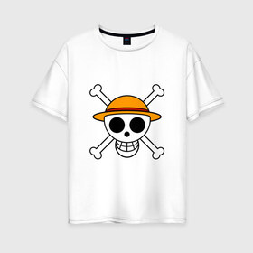 Женская футболка хлопок Oversize с принтом Весёлый Роджер Мугивар в Тюмени, 100% хлопок | свободный крой, круглый ворот, спущенный рукав, длина до линии бедер
 | аниме | большой куш | ван пис | кости | луффи | мугивара | пираты | соломенная | череп | шляпа