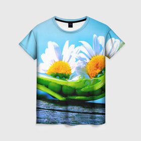 Женская футболка 3D с принтом Ромашки в Тюмени, 100% полиэфир ( синтетическое хлопкоподобное полотно) | прямой крой, круглый вырез горловины, длина до линии бедер | красота | поле | природа | ромашка | цветы