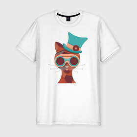 Мужская футболка премиум с принтом Кот в стиле Стим Панк в Тюмени, 92% хлопок, 8% лайкра | приталенный силуэт, круглый вырез ворота, длина до линии бедра, короткий рукав | голова животного | кот | кошка | стим панк