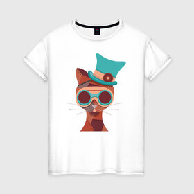 Женская футболка хлопок с принтом Кот в стиле Стим Панк в Тюмени, 100% хлопок | прямой крой, круглый вырез горловины, длина до линии бедер, слегка спущенное плечо | голова животного | кот | кошка | стим панк