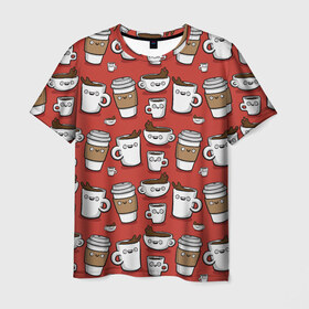 Мужская футболка 3D с принтом Веселые чашки кофе в Тюмени, 100% полиэфир | прямой крой, круглый вырез горловины, длина до линии бедер | паттерн