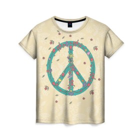 Женская футболка 3D с принтом Peace в Тюмени, 100% полиэфир ( синтетическое хлопкоподобное полотно) | прямой крой, круглый вырез горловины, длина до линии бедер | peace | мир | пис | хиппи | цветы