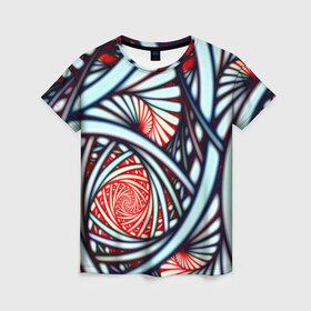 Женская футболка 3D с принтом Абстрактный узор в Тюмени, 100% полиэфир ( синтетическое хлопкоподобное полотно) | прямой крой, круглый вырез горловины, длина до линии бедер | белый | калейдоскоп | красный | паттерн | спирали
