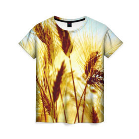 Женская футболка 3D с принтом Колос в Тюмени, 100% полиэфир ( синтетическое хлопкоподобное полотно) | прямой крой, круглый вырез горловины, длина до линии бедер | желтый | злаки | поле | пшеница