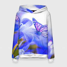 Женская толстовка 3D с принтом Бабочки в Тюмени, 100% полиэстер  | двухслойный капюшон со шнурком для регулировки, мягкие манжеты на рукавах и по низу толстовки, спереди карман-кенгуру с мягким внутренним слоем. | бабочки | красота | природа | синяя | цветы